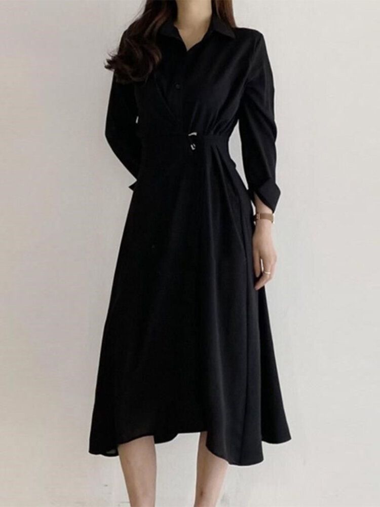 Robe Chemise Boutonnée À Manches Longues Avec Boucle Solide Et Revers Irrégulier