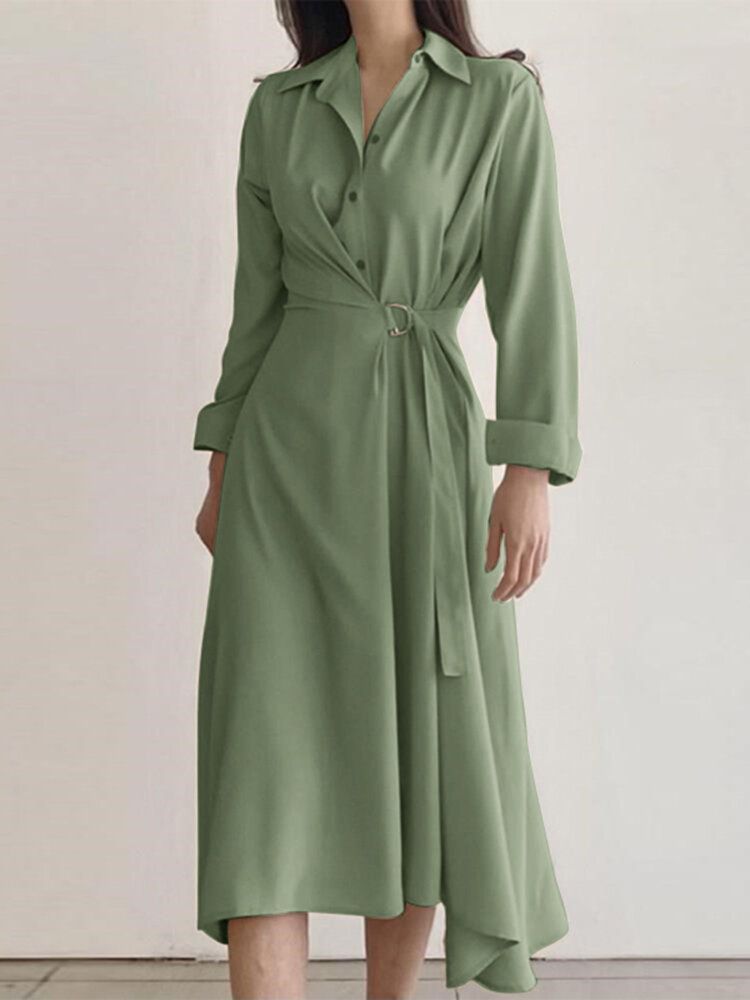 Robe Chemise Boutonnée À Manches Longues Avec Boucle Solide Et Revers Irrégulier