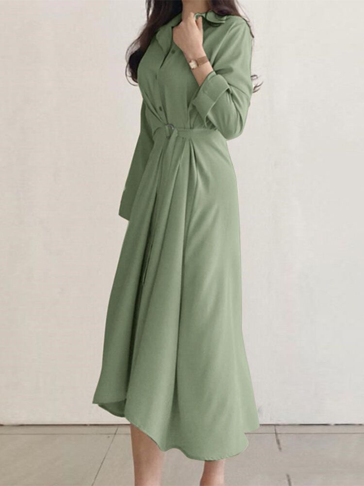 Robe Chemise Boutonnée À Manches Longues Avec Boucle Solide Et Revers Irrégulier