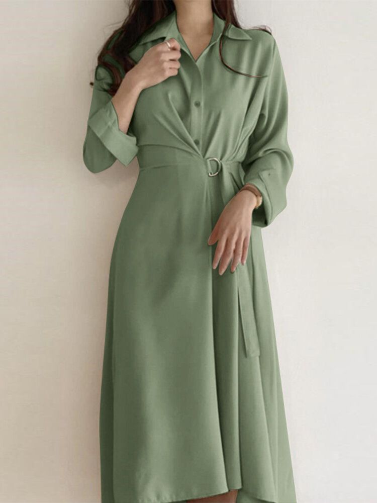 Robe Chemise Boutonnée À Manches Longues Avec Boucle Solide Et Revers Irrégulier