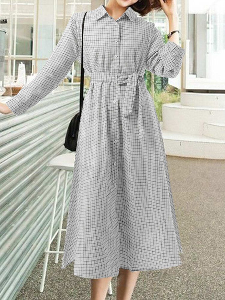 Robe Chemise Boutonnée À Manches Longues Avec Ceinture À Carreaux