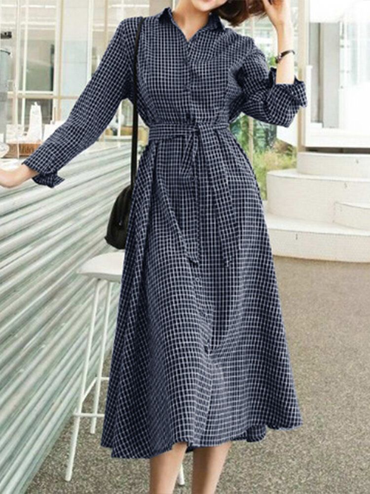 Robe Chemise Boutonnée À Manches Longues Avec Ceinture À Carreaux