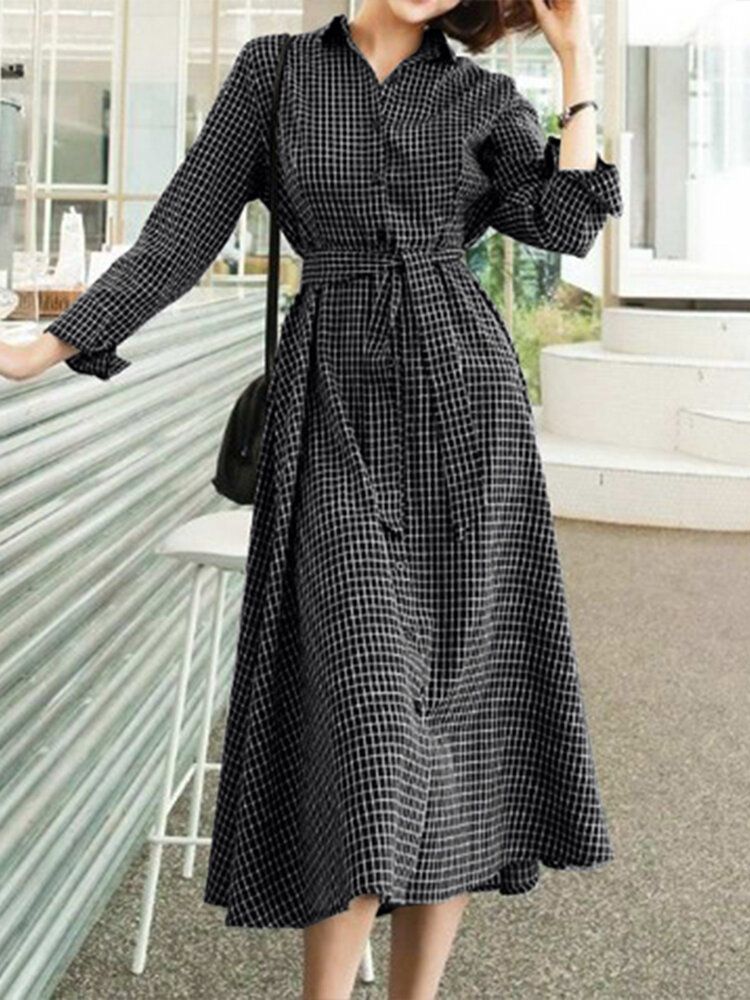 Robe Chemise Boutonnée À Manches Longues Avec Ceinture À Carreaux