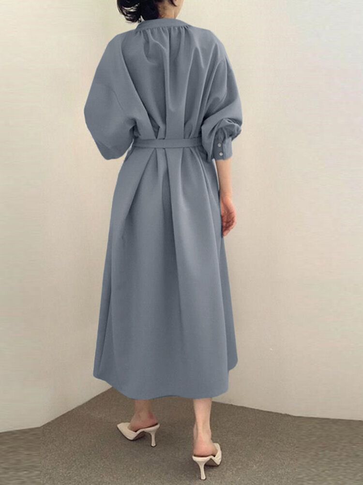 Robe Chemise À Col En V Et Manches Longues Bouffantes À Ceinture Unie