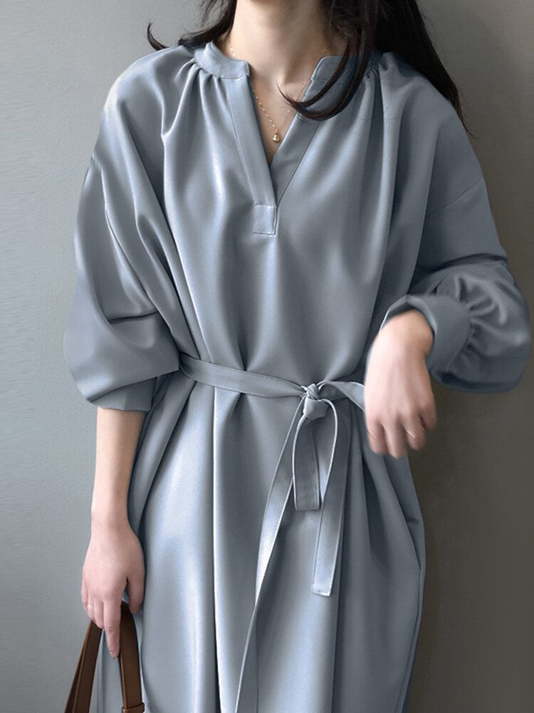 Robe Chemise À Col En V Et Manches Longues Bouffantes À Ceinture Unie