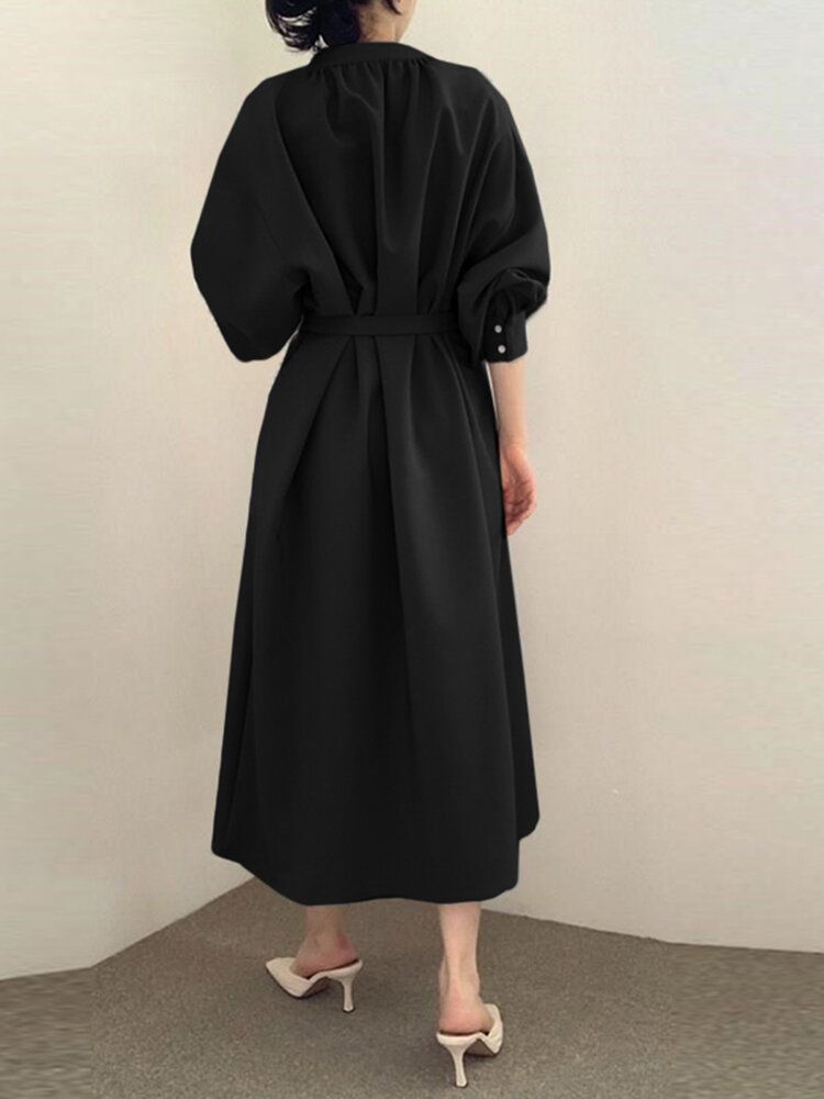 Robe Chemise À Col En V Et Manches Longues Bouffantes À Ceinture Unie