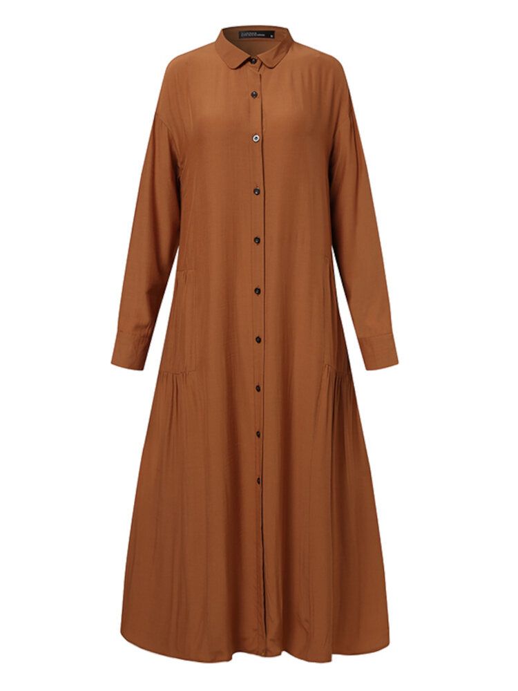 Robe Chemise Décontractée À Manches Longues Pour Femmes Avec Revers De Couleur Unie Et Poche Latérale