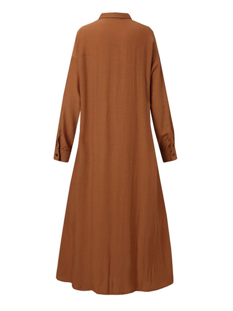 Robe Chemise Décontractée À Manches Longues Pour Femmes Avec Revers De Couleur Unie Et Poche Latérale