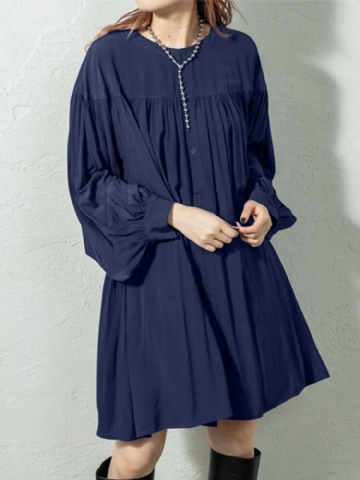 Robe Chemise Décontractée Plissée À Manches Longues Et Col Montant