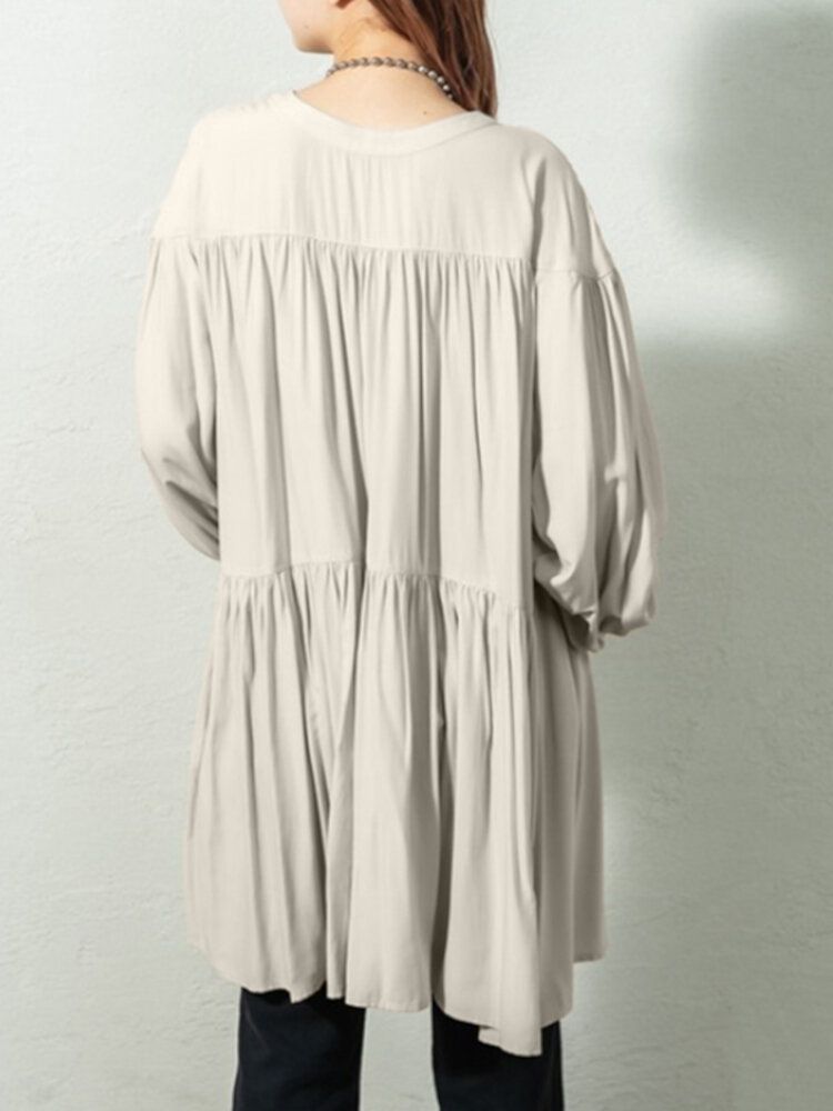 Robe Chemise Décontractée Plissée À Manches Longues Et Col Montant