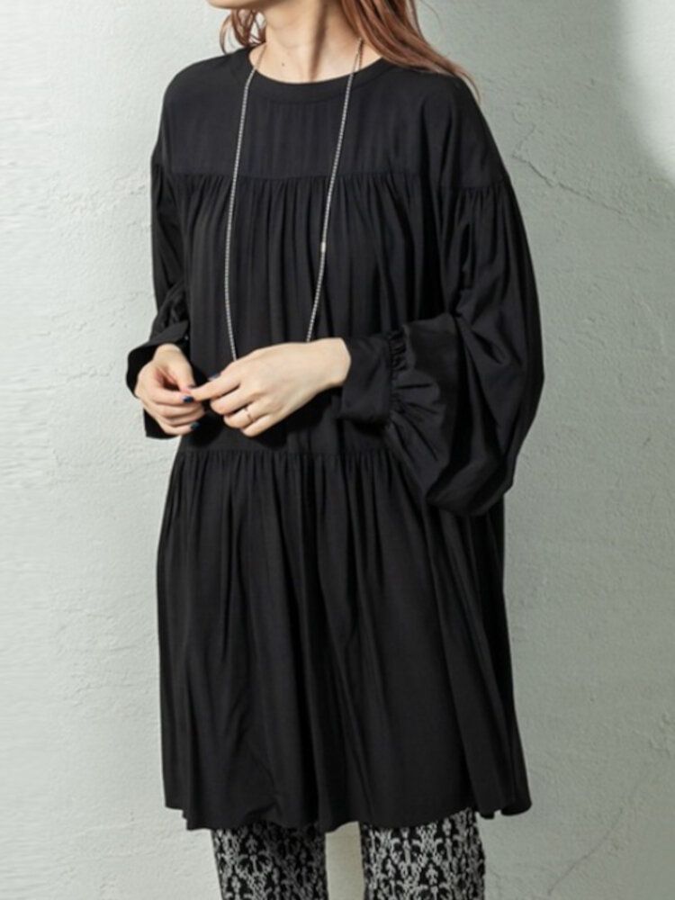 Robe Chemise Décontractée Plissée À Manches Longues Et Col Montant