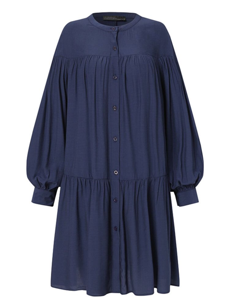 Robe Chemise Décontractée Plissée À Manches Longues Et Col Montant