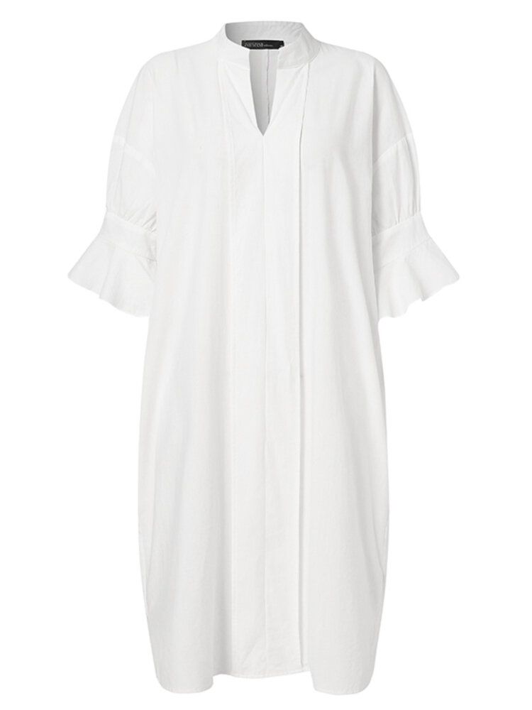 Robe Chemise Décontractée À Revers Uni Et Demi-manches Avec Poche Sur Le Côté