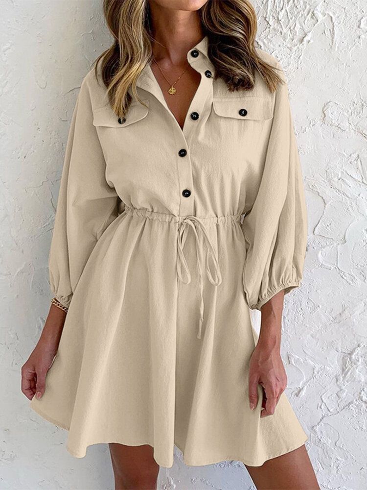 Robe Chemise À Manches 3/4 Avec Bouton À Cordon De Serrage Uni