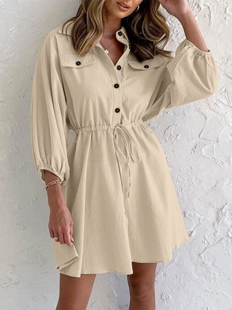 Robe Chemise À Manches 3/4 Avec Bouton À Cordon De Serrage Uni