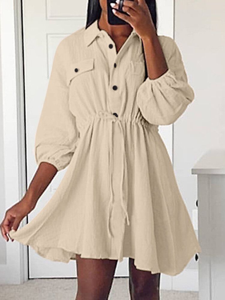 Robe Chemise À Manches 3/4 Avec Bouton À Cordon De Serrage Uni