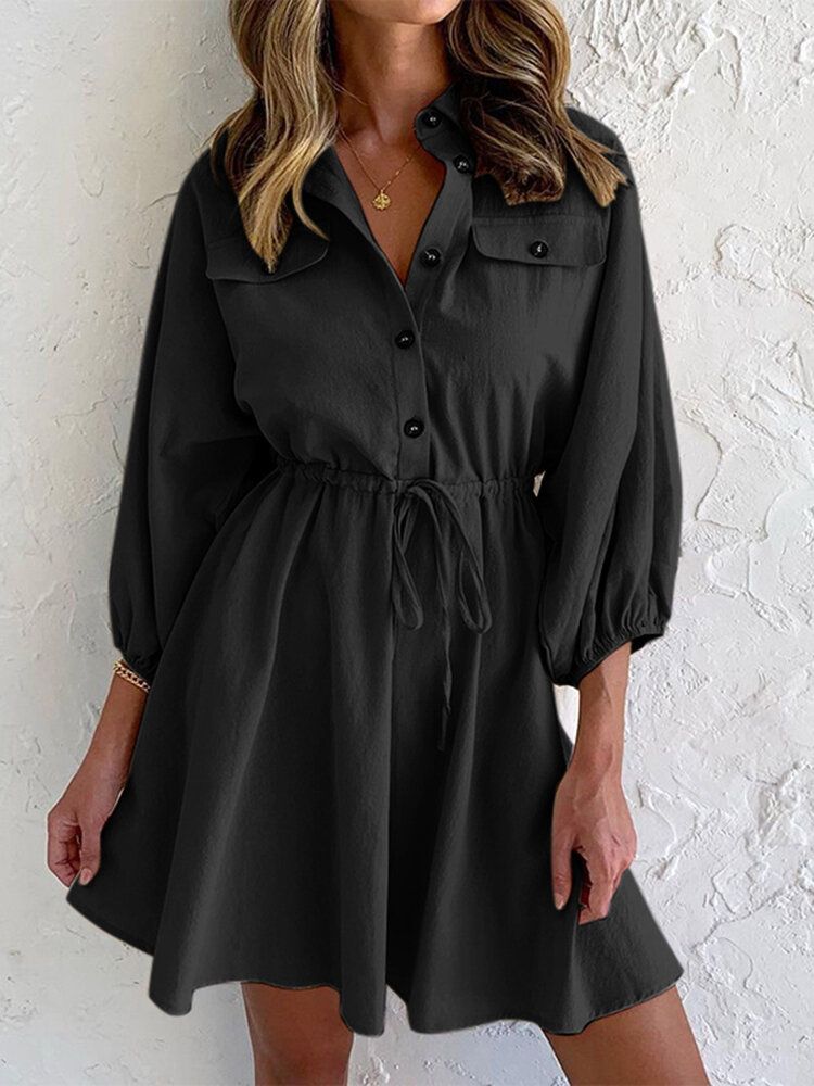 Robe Chemise À Manches 3/4 Avec Bouton À Cordon De Serrage Uni