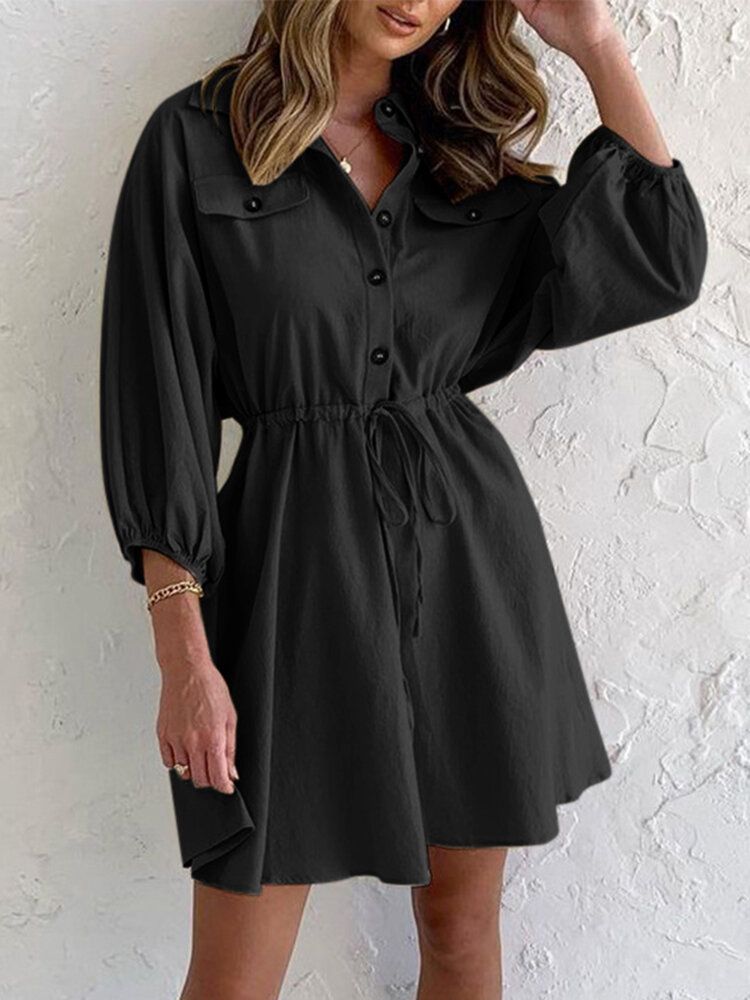 Robe Chemise À Manches 3/4 Avec Bouton À Cordon De Serrage Uni