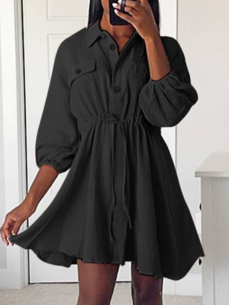 Robe Chemise À Manches 3/4 Avec Bouton À Cordon De Serrage Uni