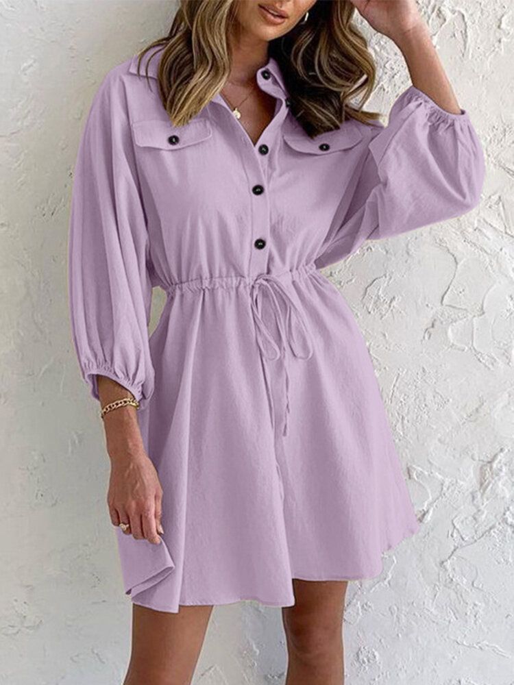 Robe Chemise À Manches 3/4 Avec Bouton À Cordon De Serrage Uni