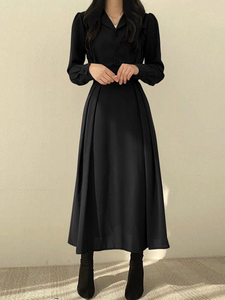 Robe Chemise Maxi Boutonnée À Taille Élastique Et Revers À Manches Longues