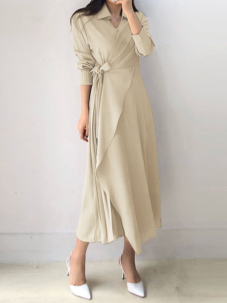 Robe Chemise Plissée À Manches Longues Et À Revers Croisés Sur Le Devant