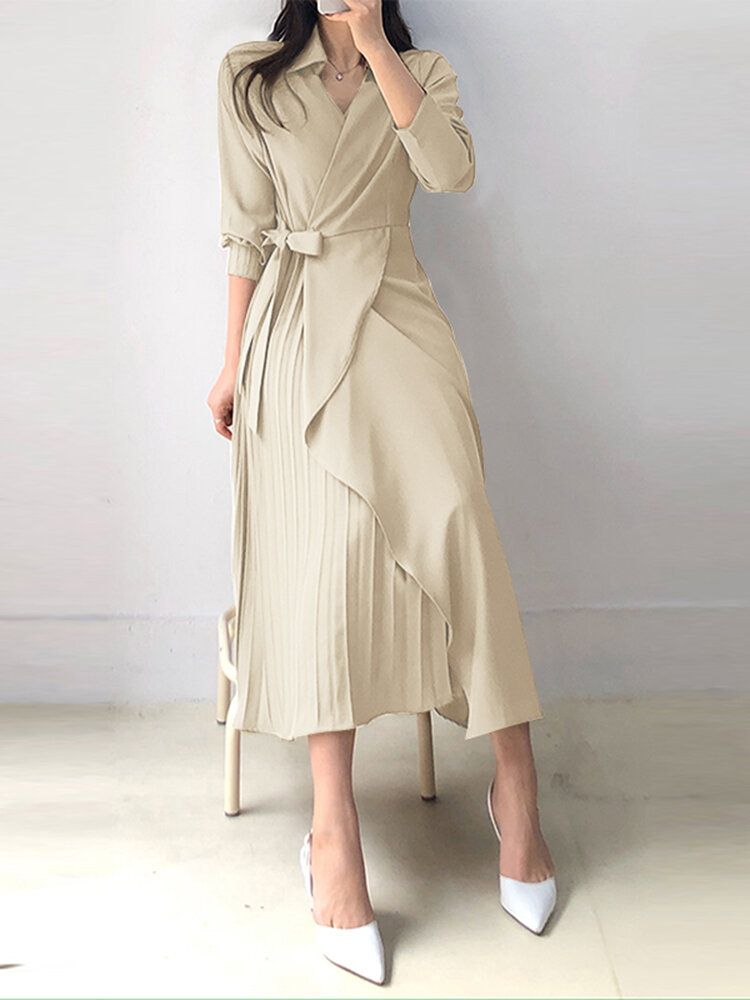 Robe Chemise Plissée À Manches Longues Et À Revers Croisés Sur Le Devant