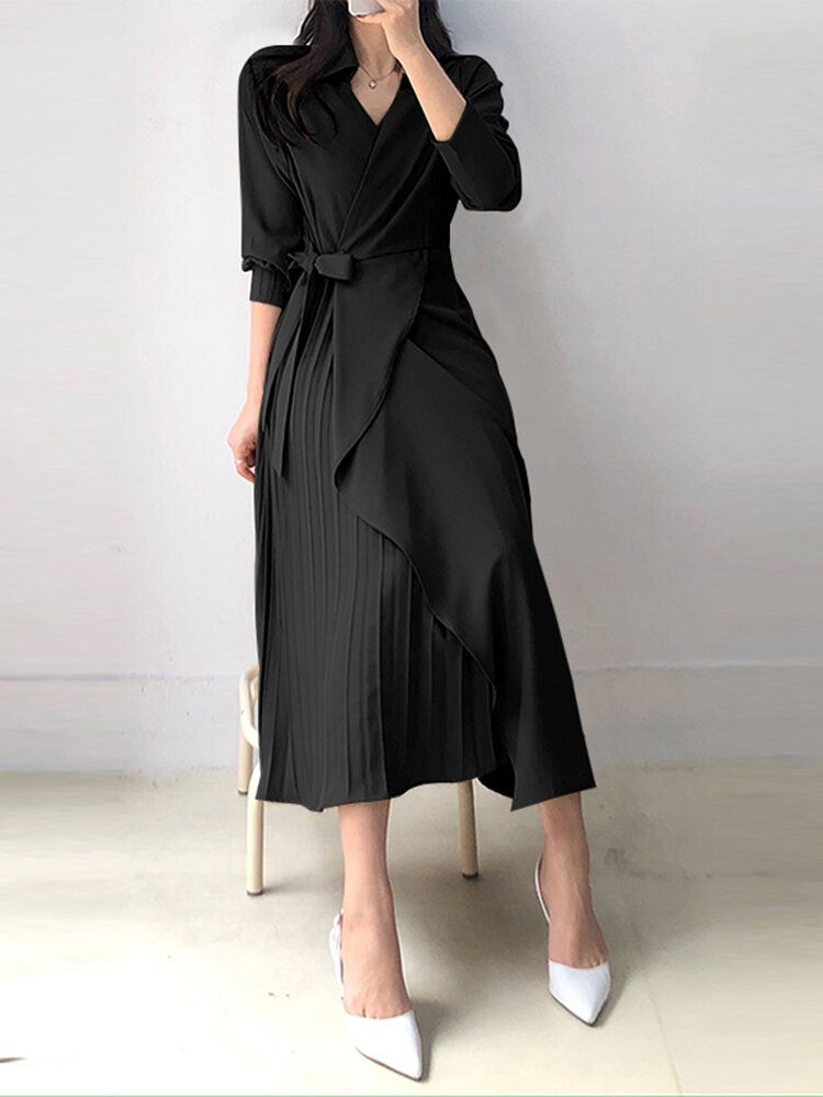 Robe Chemise Plissée À Manches Longues Et À Revers Croisés Sur Le Devant