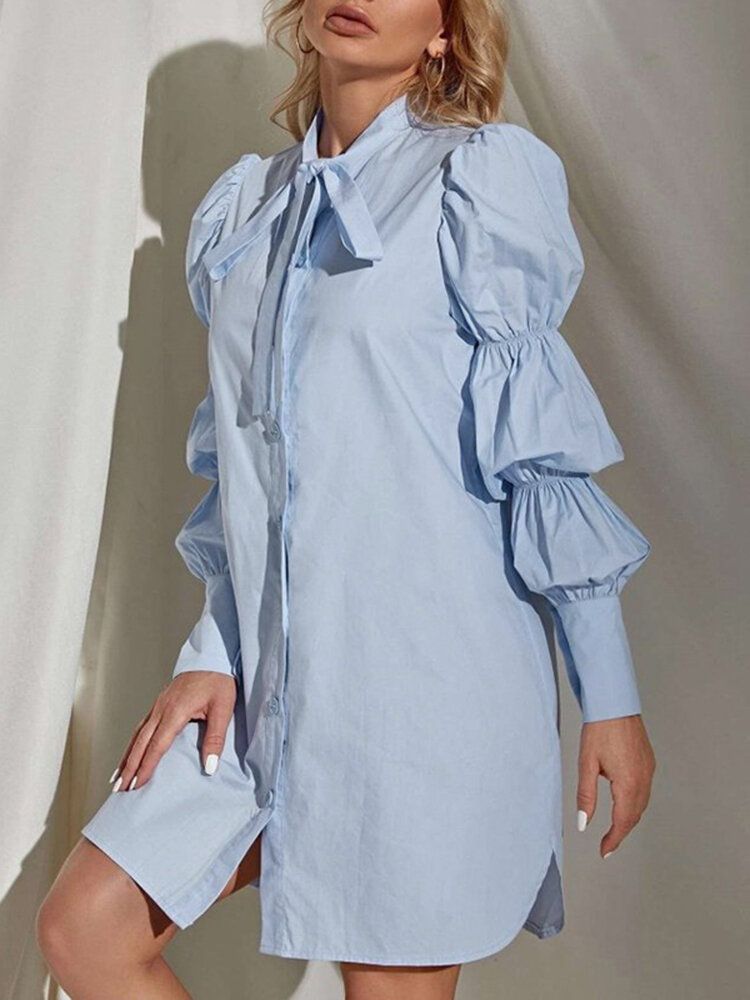 Robe Chemise Plissée De Style Urbain À Manches Bouffantes De Couleur Unie