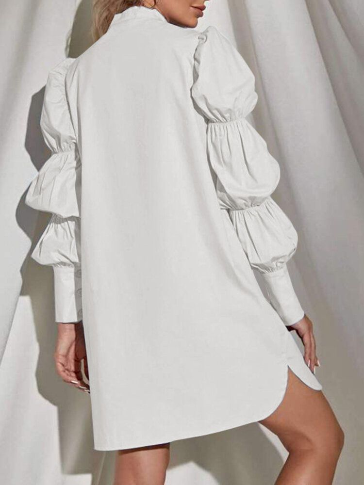 Robe Chemise Plissée De Style Urbain À Manches Bouffantes De Couleur Unie