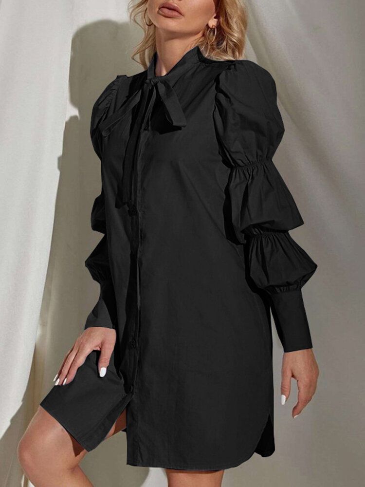 Robe Chemise Plissée De Style Urbain À Manches Bouffantes De Couleur Unie