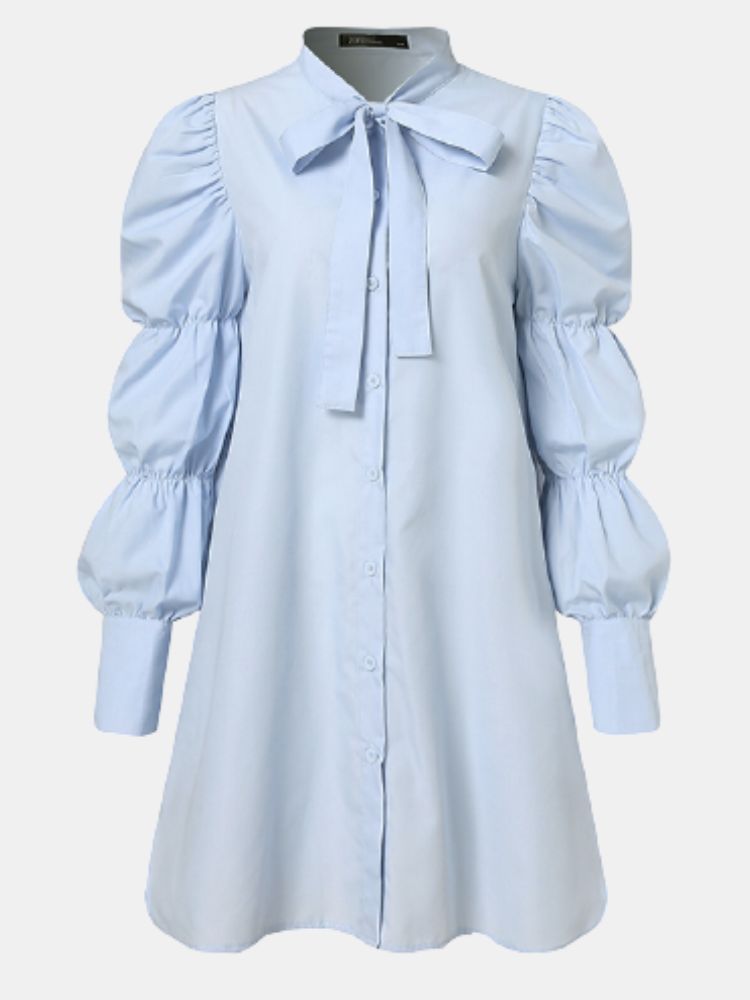 Robe Chemise Plissée De Style Urbain À Manches Bouffantes De Couleur Unie