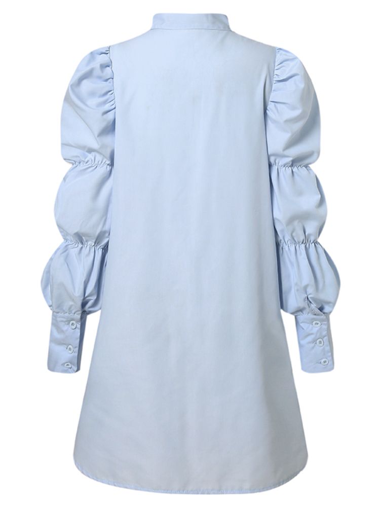 Robe Chemise Plissée De Style Urbain À Manches Bouffantes De Couleur Unie