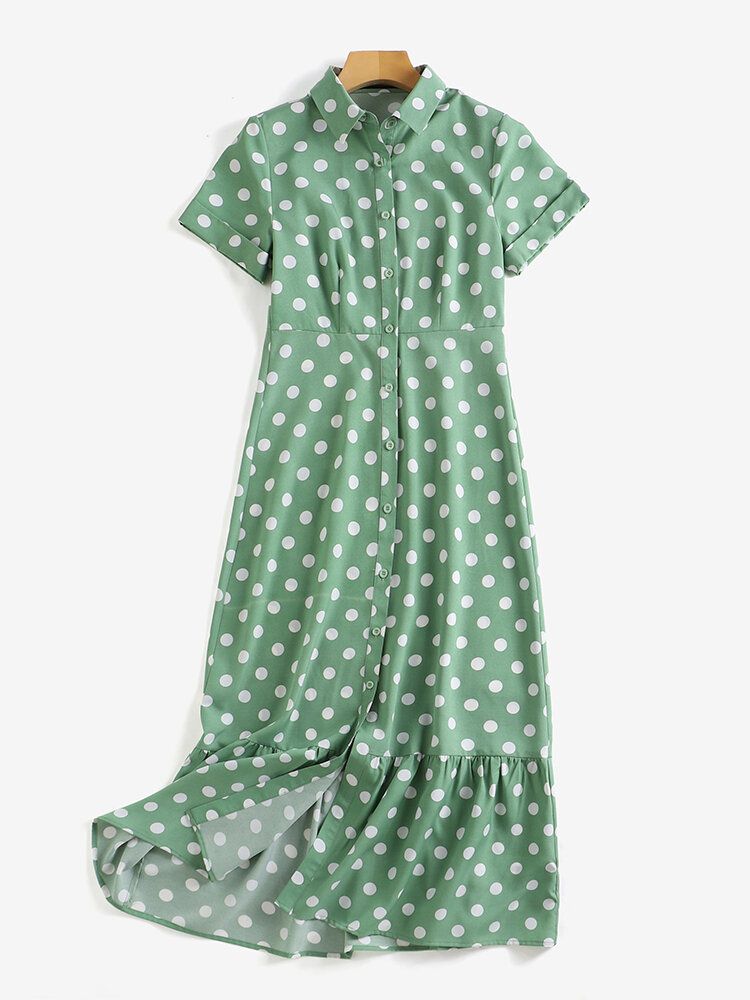 Robe Chemise À Volants À Manches Courtes Et Revers À Pois