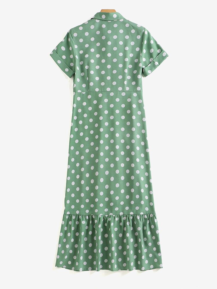 Robe Chemise À Volants À Manches Courtes Et Revers À Pois