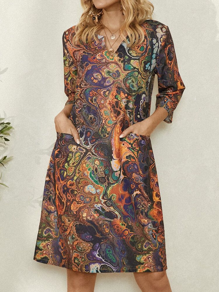 Robe À Col En V À Manches 3/4 Et Imprimé Vintage Multicolore Pour Femmes Avec Poche