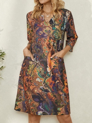 Robe À Col En V À Manches 3/4 Et Imprimé Vintage Multicolore Pour Femmes Avec Poche