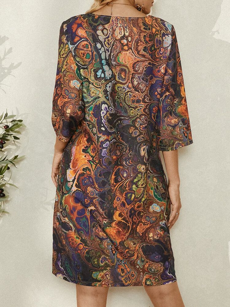 Robe À Col En V À Manches 3/4 Et Imprimé Vintage Multicolore Pour Femmes Avec Poche