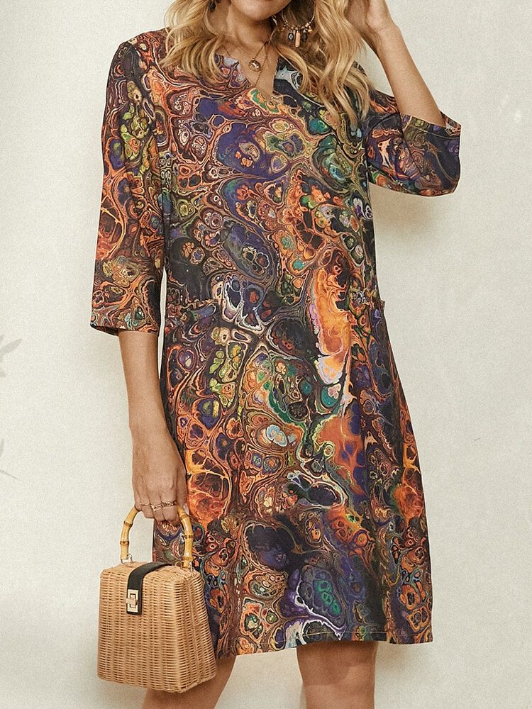 Robe À Col En V À Manches 3/4 Et Imprimé Vintage Multicolore Pour Femmes Avec Poche