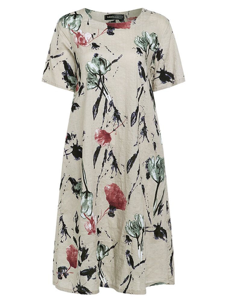 Robe Décontractée Ample À Deux Poches À Imprimé Floral Rétro Pour Femme