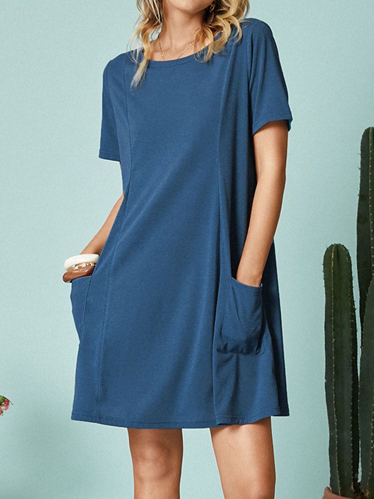 Robe Décontractée À Col Rond Et À Manches Courtes De Couleur Unie Pour Femme