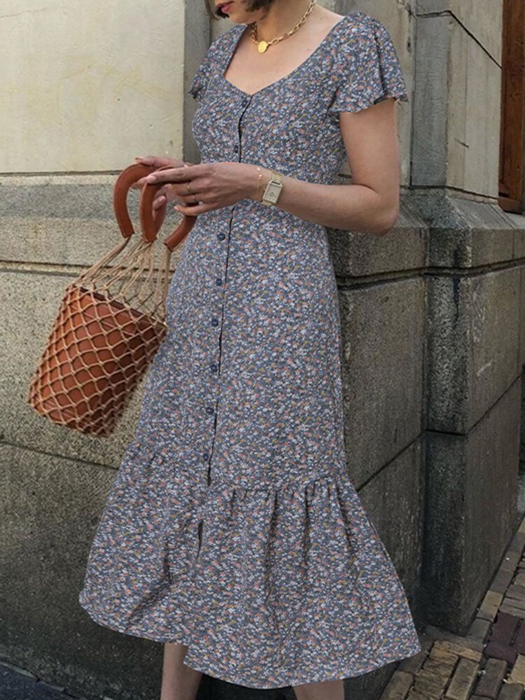 Robe Décontractée Florale À Volants De Style Européen Élégant Pour Les Femmes