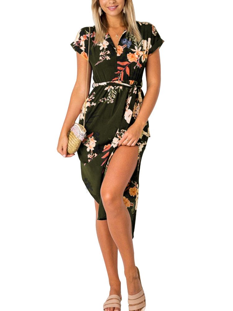 Robe Décontractée À Imprimé Floral Fendu À Col En V Non Élastique Pour Femme