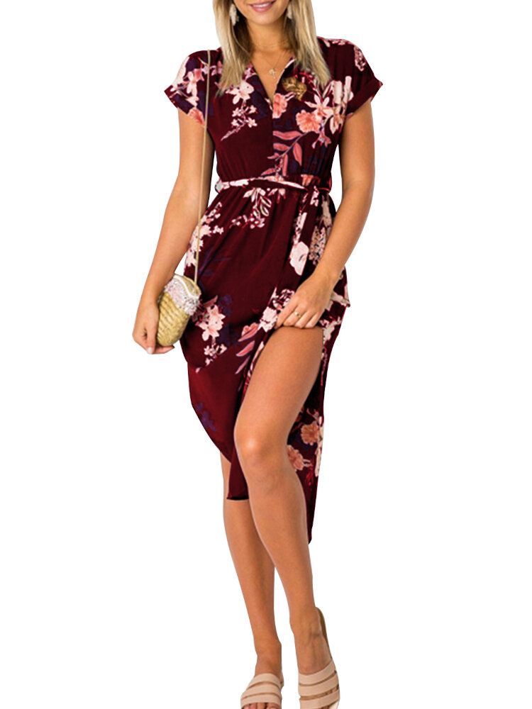 Robe Décontractée À Imprimé Floral Fendu À Col En V Non Élastique Pour Femme