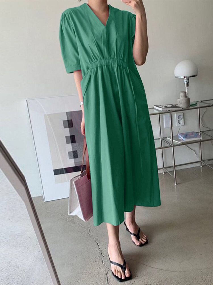 Robe Décontractée Mi-longue Nouée À Col En V Avec Poche Froncée Unie