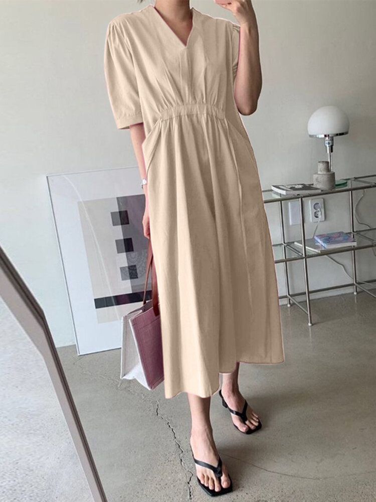 Robe Décontractée Mi-longue Nouée À Col En V Avec Poche Froncée Unie