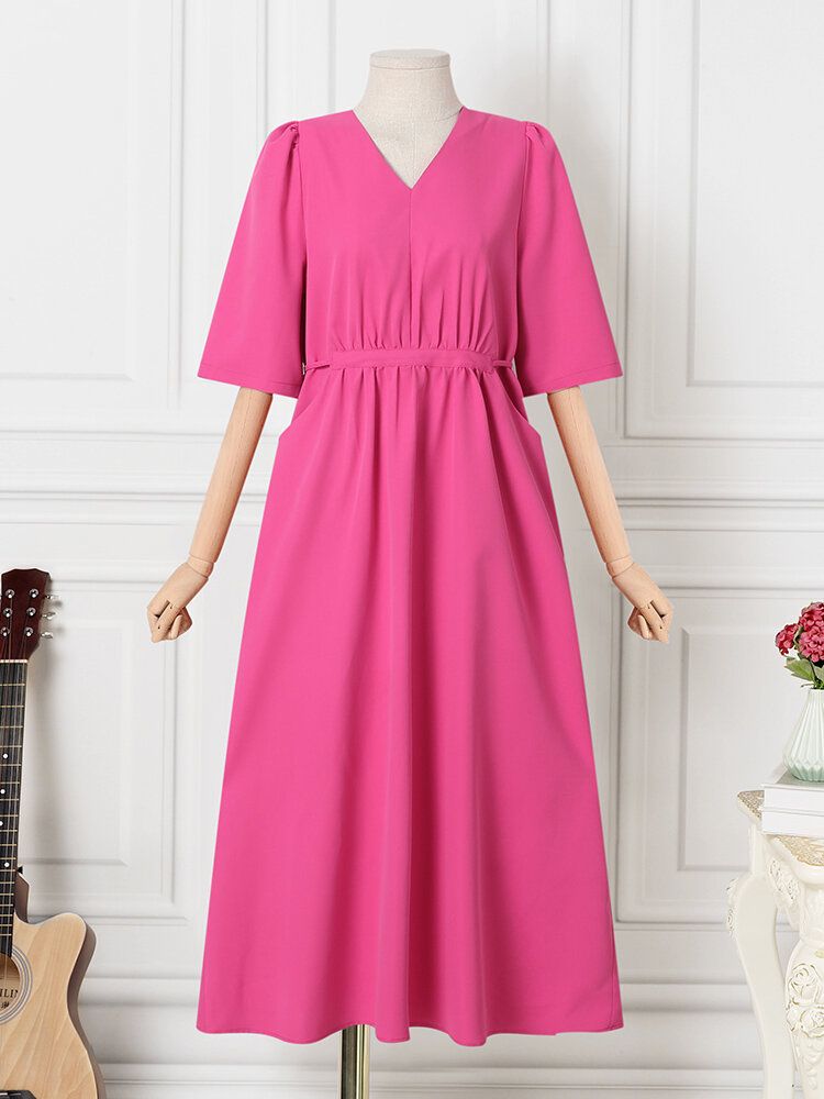 Robe Décontractée Mi-longue Nouée À Col En V Avec Poche Froncée Unie