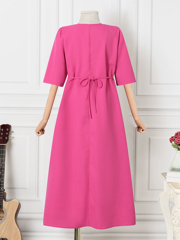 Robe Décontractée Mi-longue Nouée À Col En V Avec Poche Froncée Unie