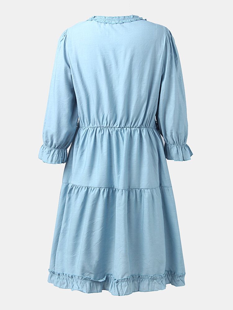 Robe Décontractée En Patchwork À Manches 3/4 Et Col En V De Couleur Unie Pour Femme