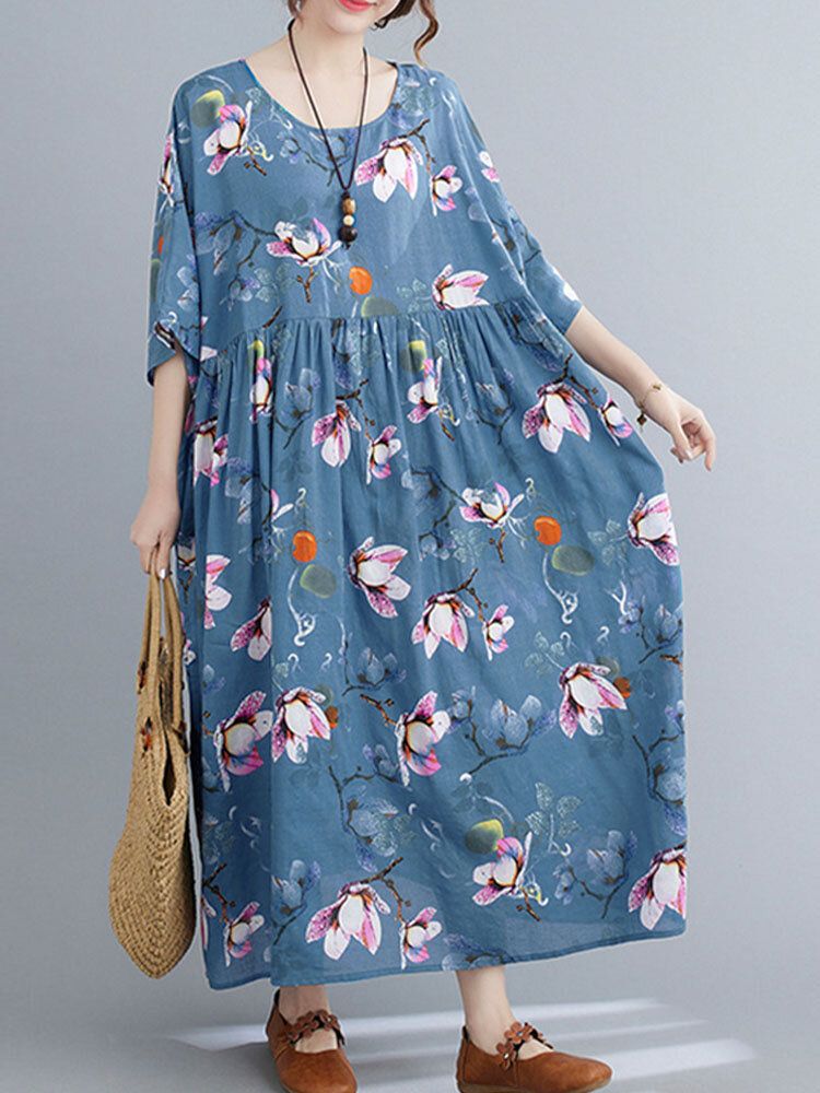 Robe D'été Décontractée De Style Rétro À Fleurs À Col Rond Pour Femmes